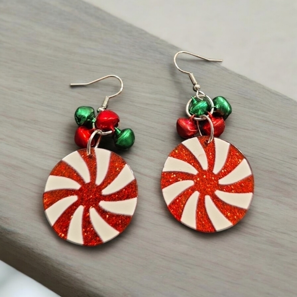 Acrylic Candy Swirl Circle Mini Jingle Bells Holiday Festive Dangle Earrings